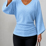 Waffle Knit V Neck Top with Flare Sleeves
