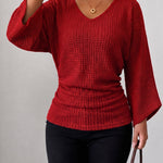 Waffle Knit V Neck Top with Flare Sleeves