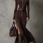 Marceline | Long Brown Dress with Belt