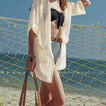 Women's Summer Cardigans 3/4 Sleeve Open Front Cardigan Duster Waffle Knit Kimono Swimsuit Cover Ups - Zeagoo (Us Only)