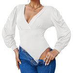 Women Sexy Bodysuits Long Sleeve V Neck Jumpsuits Tops Leotard Shirts - Zeagoo (Us Only)
