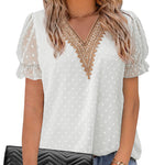 Womens V Neck Puff Short Sleeve Tops Swiss Dots Chiffon Lace Neckline Shirts Blouses - Zeagoo (Us Only)
