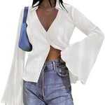 Women's Deep V Neck Shirt Button Front Blouse Bell Long Sleeve Tops - Zeagoo (Us Only)