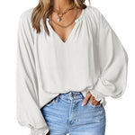 Zeagoo Blouses Puff Long Sleeve Pleated V Neck Tunic Tops
