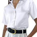 Zeagoo Women Satin Shirt V-Neck Short Sleeve Button Down Shirt Casual Loose Office Silk Tops  (Us Only)