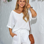 Women's 2 Piece Cotton Linen Tracksuit Short Sleeve Casual Shorts Set V Neck Beach Outfits - Zeagoo (Us Only)