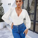 Women Sexy Bodysuits Long Sleeve V Neck Jumpsuits Tops Leotard Shirts - Zeagoo (Us Only)