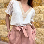 Womens V Neck Puff Short Sleeve Tops Swiss Dots Chiffon Lace Neckline Shirts Blouses - Zeagoo (Us Only)