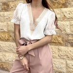 Womens V Neck Puff Short Sleeve Tops Swiss Dots Chiffon Lace Neckline Shirts Blouses - Zeagoo (Us Only)