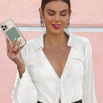 Women's Deep V Neck Shirt Button Front Blouse Bell Long Sleeve Tops - Zeagoo (Us Only)