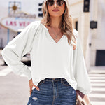 Zeagoo Blouses Puff Long Sleeve Pleated V Neck Tunic Tops