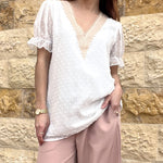 Womens V Neck Puff Short Sleeve Tops Swiss Dots Chiffon Lace Neckline Shirts Blouses - Zeagoo (Us Only)