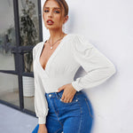 Women Sexy Bodysuits Long Sleeve V Neck Jumpsuits Tops Leotard Shirts - Zeagoo (Us Only)