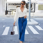 Women Sexy Bodysuits Long Sleeve V Neck Jumpsuits Tops Leotard Shirts - Zeagoo (Us Only)