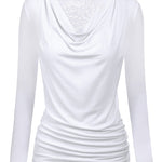 Womens Long Sleeve Ruched Top Slim Fitted Cowl Neck Wrap Shirts with Side Shirring - Zeagoo (Us Only)