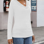 Womens Long Sleeve Ruched Top Slim Fitted Cowl Neck Wrap Shirts with Side Shirring - Zeagoo (Us Only)