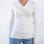 Womens Long Sleeve Ruched Top Slim Fitted Cowl Neck Wrap Shirts with Side Shirring - Zeagoo (Us Only)