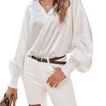 Women's Silk Shirts V Neck Shirred Lantern Sleeve Casual Work Blouse Tunic Tops - Zeagoo (Us Only)