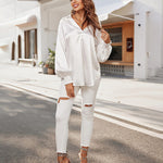 Women's Silk Shirts V Neck Shirred Lantern Sleeve Casual Work Blouse Tunic Tops - Zeagoo (Us Only)