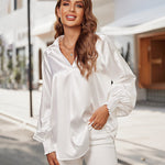 Women's Silk Shirts V Neck Shirred Lantern Sleeve Casual Work Blouse Tunic Tops - Zeagoo (Us Only)