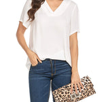 Women's Casual Tunic Summer Short Sleeve Chiffon Top Loose V Neck Dressy Office Work Shirt Blouse - Zeagoo (Us Only)