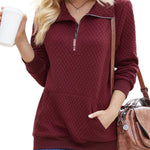 Womens Quilted Sweatshirts Quarter Zip Pullovers Lightweight Long Sleeve Stand Collar Tops with Kangaroo Pocket - Zeagoo (Us Only)
