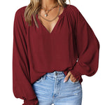 Zeagoo Blouses Puff Long Sleeve Pleated V Neck Tunic Tops