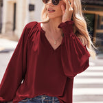 Zeagoo Blouses Puff Long Sleeve Pleated V Neck Tunic Tops