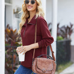 Womens Quilted Sweatshirts Quarter Zip Pullovers Lightweight Long Sleeve Stand Collar Tops with Kangaroo Pocket - Zeagoo (Us Only)