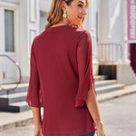 Zeagoo 3/4 Sleeve Ruffle V Neck Flowy Floral Mesh Blouses
