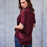 Zeagoo Women Satin Shirt V-Neck Short Sleeve Button Down Shirt Casual Loose Office Silk Tops  (Us Only)
