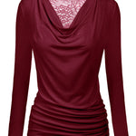 Womens Long Sleeve Ruched Top Slim Fitted Cowl Neck Wrap Shirts with Side Shirring - Zeagoo (Us Only)