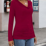 Womens Long Sleeve Ruched Top Slim Fitted Cowl Neck Wrap Shirts with Side Shirring - Zeagoo (Us Only)