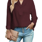 Womens Blouses Dressy Casual Long Sleeve Henley V-Neck Button Up Drop Shoulder Blouse Shirt Tops Relaxed Fit S-XXL - Zeagoo (Us Only)