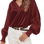 Women's Silk Shirts V Neck Shirred Lantern Sleeve Casual Work Blouse Tunic Tops - Zeagoo (Us Only)