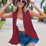 Women's Sleeveless Draped Open Front Cardigan Ruffles Hem Vest - Zeagoo (Us Only)