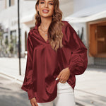Women's Silk Shirts V Neck Shirred Lantern Sleeve Casual Work Blouse Tunic Tops - Zeagoo (Us Only)