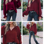 Women's Silk Shirts V Neck Shirred Lantern Sleeve Casual Work Blouse Tunic Tops - Zeagoo (Us Only)