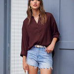 Womens Blouses Dressy Casual Long Sleeve Henley V-Neck Button Up Drop Shoulder Blouse Shirt Tops Relaxed Fit S-XXL - Zeagoo (Us Only)