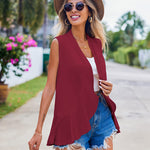 Women's Sleeveless Draped Open Front Cardigan Ruffles Hem Vest - Zeagoo (Us Only)