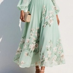Susane | Women's Mint Green Floral Print Pleated Chiffon Maxi Dress