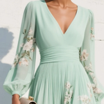 Susane | Women's Mint Green Floral Print Pleated Chiffon Maxi Dress