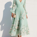 Susane | Women's Mint Green Floral Print Pleated Chiffon Maxi Dress