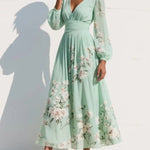 Susane | Women's Mint Green Floral Print Pleated Chiffon Maxi Dress