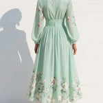 Susane | Women's Mint Green Floral Print Pleated Chiffon Maxi Dress