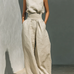 Aurora | Two-piece beige linen set with sleeveless top and wide-leg pants