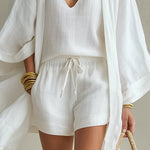 Charlotte | Three-piece set: loose-fitting cardigan and drawstring shorts