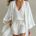 Charlotte | Three-piece set: loose-fitting cardigan and drawstring shorts