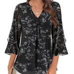 Zeagoo 3/4 Sleeve Ruffle V Neck Flowy Floral Mesh Blouses