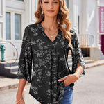 Zeagoo 3/4 Sleeve Ruffle V Neck Flowy Floral Mesh Blouses
